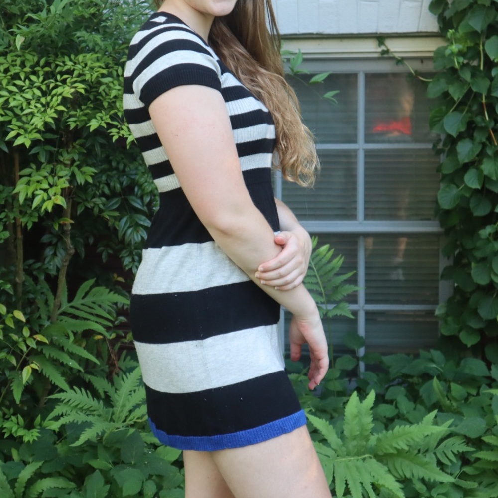 Grey and black sweater dress with blue bottom trim